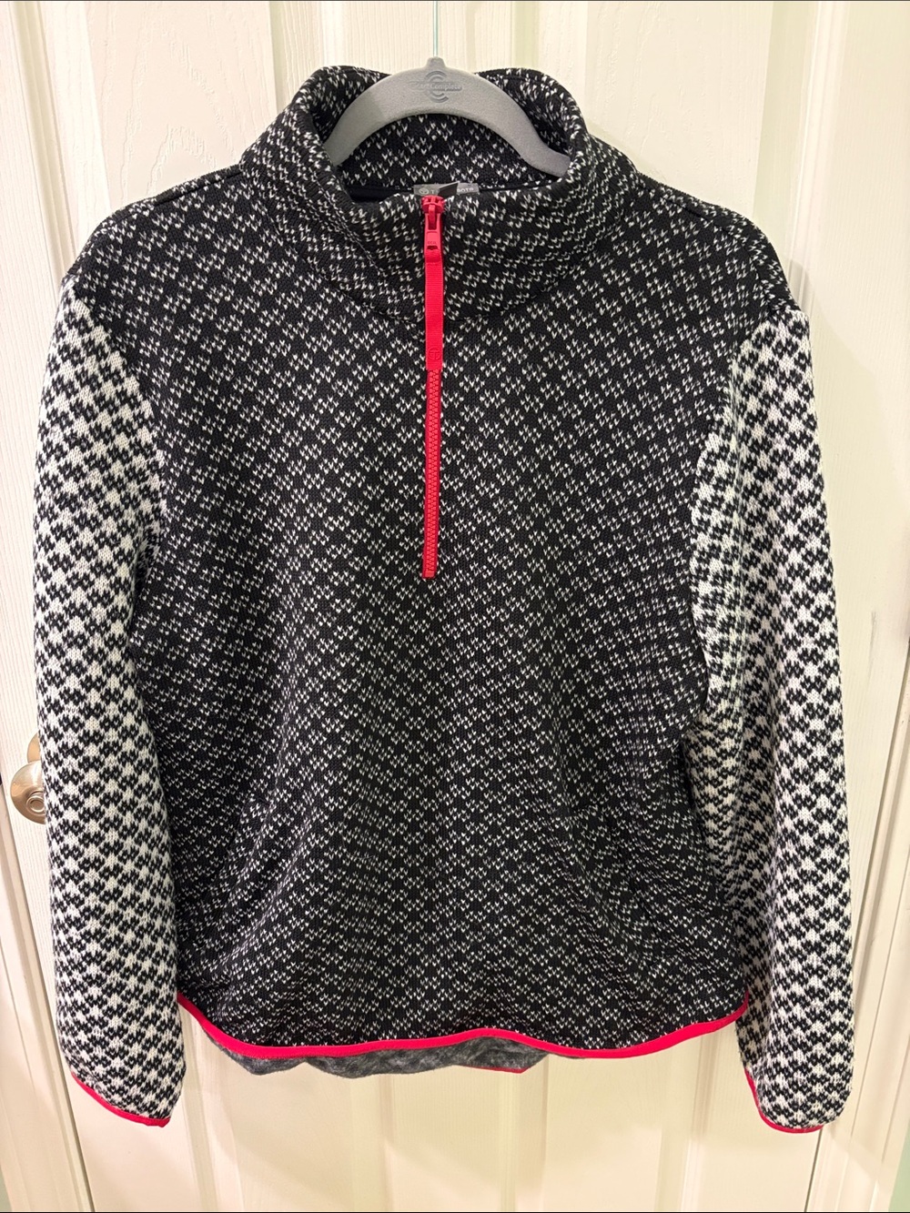 Talbots Black & White Patterned Quarter-Zip Sweatshirt with Red Trim